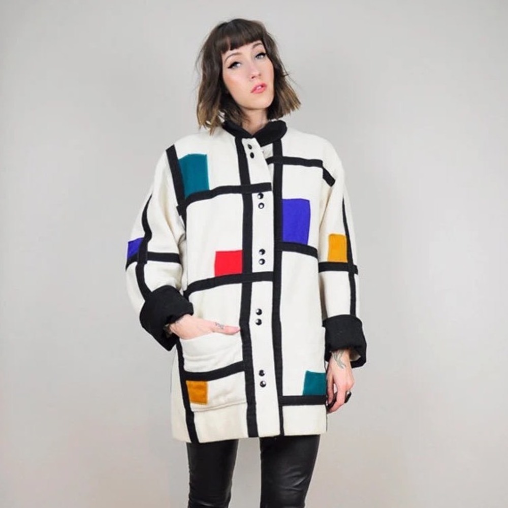 PIET MONDRIAN Coat Herman Kay VTG 80s Wool ColorBlock Geometric Art High Fashion